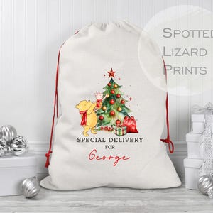 Personalised Winnie the Pooh Santa Sacks | Linen Kids Stockings, Girls/Boys Xmas Gift Bag / Xmas Gift Bag / Post / Christmas Eve sack
