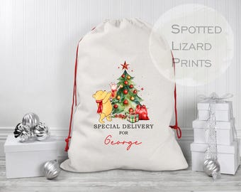 Personalised Winnie the Pooh Santa Sacks | Linen Kids Stockings, Girls/Boys Xmas Gift Bag / Xmas Gift Bag / Post / Christmas Eve sack