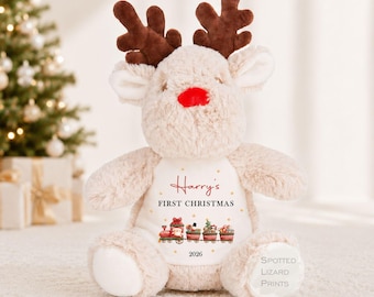Personalised Baby First Christmas Teddy, Reindeer Plush with Name Year, 1st Xmas Keepsake Gift, Custom Baby Christmas Toy, Xmas Eve Gift