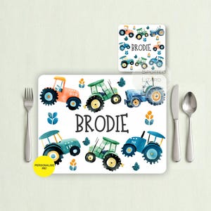 Personalised Tractor Placemat Coaster Set for Kids, Custom Name Tractor Dinner Set, Boys Birthday Gift, Toddler Mealtime Placemat, Tractor