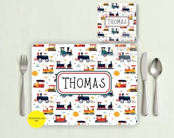 Personalised Train Placemat & Coaster Set for Kids, Custom Name Train Dinner Set, Boys Birthday Gift, Toddler Mealtime Placemat, Train Gift