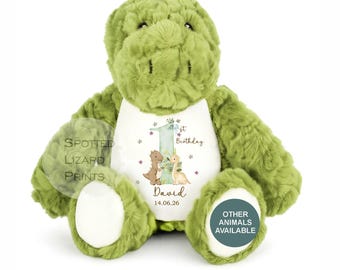 Gepersonaliseerde teddybeer voor de eerste verjaardag, zacht pluche speelgoedcadeau voor baby, gepersonaliseerd cadeau voor de eerste verjaardag, verjaardagscadeau voor de eerste verjaardag, dinosaurus verjaardagscadeau