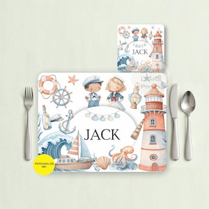 Personalised Lighthouse Sea Adventure Placemat & Coaster Set for Kids, Custom Name Pirate Dinner Set, Ocean Gift, Boys Birthday Gift