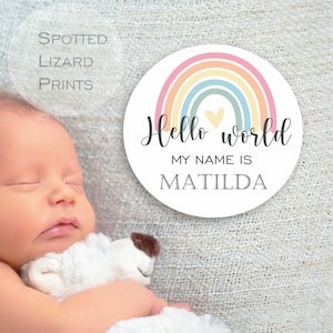 Targa con nome per neonato / Cartello "Ciao mondo, mi chiamo così" / Targa con nome arcobaleno per neonato / Annuncio di nascita / Regalo per neonato / Disco per foto social media
