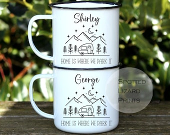 Personalised CARAVAN Mugs, Caravan Enamel Mug, Family Caravan mugs - Camping - Travel Mugs