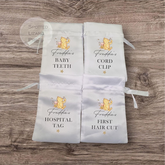 Personalised Winnie the Pooh Baby Keepsake Bags | Hospital Tag Cord Clip First Tooth First Haircut Bag | New Baby Memory Gift | Baby Shower