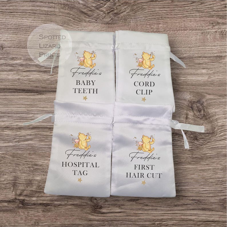 Personalised Winnie the Pooh Baby Keepsake Bags | Hospital Tag Cord Clip First Tooth First Haircut Bag | New Baby Memory Gift | Baby Shower