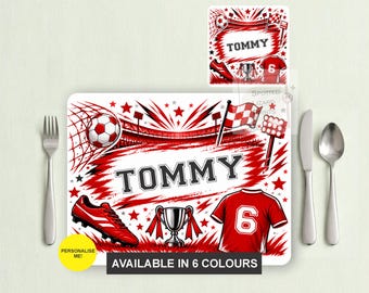 Personalised Football Placemat & Coaster Set | Custom Name and Shirt Number | 6 Colours | Kids Football Table Mat | Football Gift