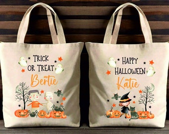 Personalised Halloween Trick or Treat Bag, Custom Name Halloween Tote Bag, Kids Trick or Treat Bag, Halloween Gift Bag, Pumpkin Tote Bag