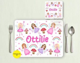 Personalised Princess & Fairy Placemat Coaster Set for Kids, Custom Name Fairy Dinner Set, Girls Birthday Gift, Toddler Mealtime Placemat