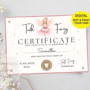 EDITABLE Tooth Fairy Certificate | First Tooth Lost | Kids Tooth Fairy | Lost Tooth Editable Template Printable Instant Download, Canva