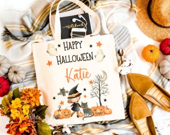 Personalised Halloween Trick or Treat Bag, Custom Name Halloween Tote Bag, Kids Trick or Treat Bag, Halloween Gift Bag, Pumpkin Tote Bag