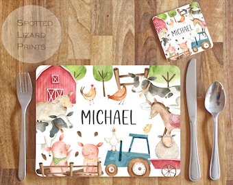 Personalised Farm Placemat and Coaster Set, Kid&#39;s Dinner Set, On the Farm gift, Children&#39;s Birthday Gift, On the Farm Placemat