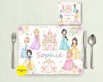 Personalised Princess Placemat & Coaster Set for Kids, Custom Name Princess Dinner Set, Girls Birthday Gift, Toddler Mealtime Placemat, Gift