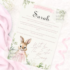 May include: An Easter-themed letter addressed to "Sarah", featuring a watercolour illustration of a bunny in a pink dress. The letter includes text from "The Easter Bunny" and is decorated with floral accents and a pink ribbon. The design is whimsical.