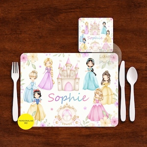 Personlig prinsessunderlägg och underlägg för barn, Anpassat namn prinsessmiddagsset, Födelsedagspresent för flickor, Bordsunderlägg för småbarn, Gåva