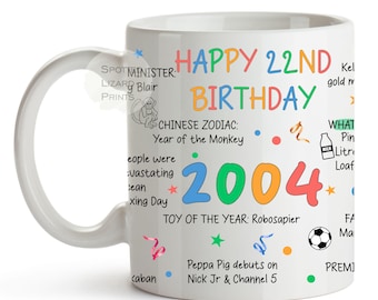 22nd Birthday Mug – Born in 2004 Facts – Back in 2004 – Unique Gift for 22nd Birthday – 22 Keepsake Mug for Him, Her, Friend, Son, Daughter