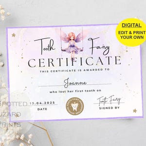 EDITABLE Tooth Fairy Certificate | First Tooth Lost | Kids Tooth Fairy | Lost Tooth Editable Template Printable Instant Download, Canva