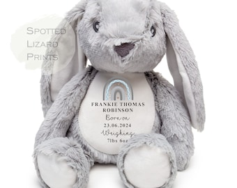 Personalised Baby Birth announcement Bunny Toy Name, Weight and Date of Birth - Baby Shower - Baby Gift - Baby Girl Baby Boy - Higgle Bears