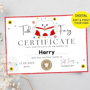 EDITABLE Tooth Fairy Certificate | First Tooth Lost | Kids Tooth Fairy | Lost Tooth Editable Template Printable Instant Download, Canva