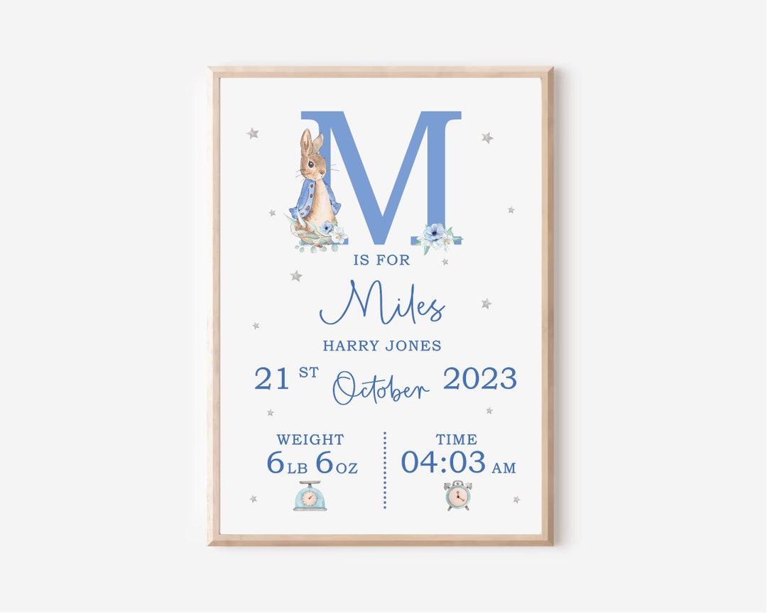Personalised Peter Rabbit Initial Birth Print Nursery Print Name Print ...