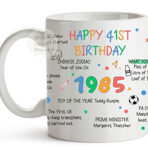 Taza para 41 cumpleaños: Datos sobre los nacidos en 1985. Regalo único para 41 cumpleaños. Taza de recuerdo para él, ella, amigo, hijo o hija.