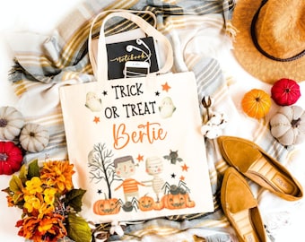 Personalised Halloween Trick or Treat Bag, Custom Name Halloween Tote Bag, Kids Trick or Treat Bag, Halloween Gift Bag, Pumpkin Tote Bag