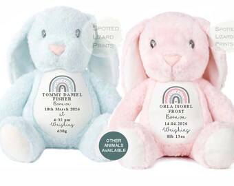 Personalised Baby Birth announcement Bunny Toy Name, Weight and Date of Birth - Baby Shower - Baby Gift - Baby Girl Baby Boy