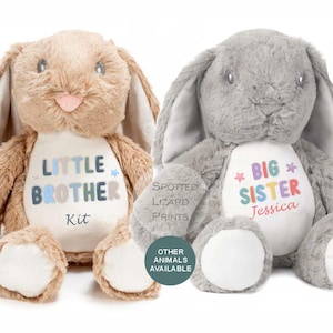 May include: Two plush stuffed bunnies, one tan and one gray, featuring white bellies with embroidered text. The tan bunny reads LITTLE BROTHER Kit, and the gray bunny reads BIG SISTER Jessica. Both have long ears, white foot pads, and pink noses.