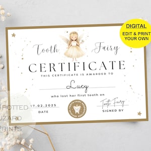 EDITABLE Tooth Fairy Certificate | First Tooth Lost | Kids Tooth Fairy | Lost Tooth Editable Template Printable Instant Download, Canva