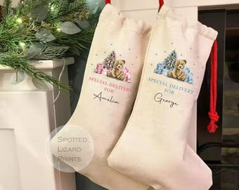 personalised Christmas stocking, Santa sack, Teddy Bear, Christmas Eve box, first Christmas gift