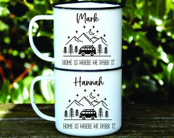 Personalised Campervan Mugs, Campervan Enamel Mug, Family Campervan mugs - Camping - Travel Mugs