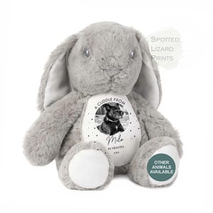 Puede incluir: Un conejo de peluche gris con orejas largas y almohadillas blancas en los pies. Un parche blanco circular en el pecho presenta una fotografía en blanco y negro de un perro, el texto A CUDDLE FROM, el nombre Milo, IN HEAVEN y tres x.
