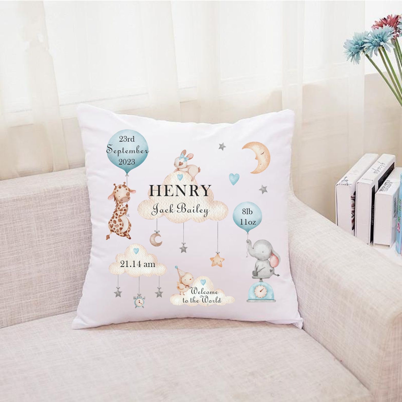 Personalised Cushion Girls New baby Weight Time Date keepsake Gift Birth Details Christening 1st Birthday Keepsake