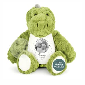 May include: A plush green dinosaur toy with a white belly patch featuring a circular black and white photograph of an adult holding a baby. The text reads A CUDDLE FROM Nanny IN HEAVEN XXX. The toy has soft textured fur and white foot pads.