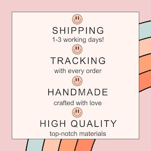 May include: A square graphic with a pink background and a retro design. The text includes "SHIPPING", "TRACKING", "HANDMADE", and "HIGH QUALITY". Each word is followed by a smiling face icon. The background has a pastel color scheme.