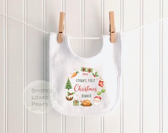 Personalised My First Christmas Dinner Baby Outfit 2026 | Baby Bib, Vest, Sleepsuit or T-Shirt | 1st Christmas Gift