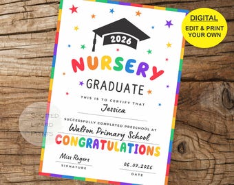 Certificado de graduación de guardería editable, último día de guardería, plantilla editable, descarga instantánea e imprimible, Canva