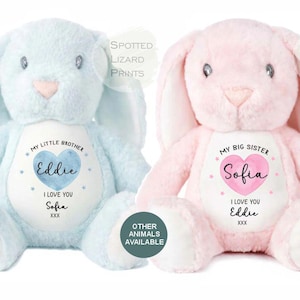 Könnte beinhalten: Zwei Plüschhasen, einer hellblau und einer hellrosa, jeweils mit einem weißen Bauchfleck. Der blaue Hase zeigt ein blaues Herz mit dem Text My Little Brother Eddie I Love You Sofia xxx. Der rosa Hase hat ein rosa Herz mit dem Text My Big Sister Sofia I Love You Eddie xxx.