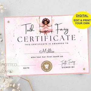 EDITABLE Tooth Fairy Certificate | First Tooth Lost | Kids Tooth Fairy | Lost Tooth Editable Template Printable Instant Download, Canva