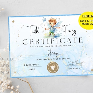 EDITABLE Tooth Fairy Certificate | First Tooth Lost | Kids Tooth Fairy | Lost Tooth Editable Template Printable Instant Download, Canva