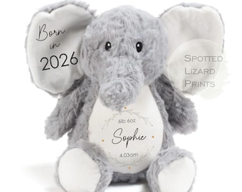 Personalised Baby Elephant Teddy - Personalised Baby Toy - Born in 2026 Teddy - Baby Elephant - New Baby Gift - Baby Boy - Baby Girl