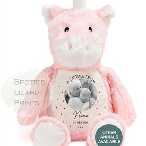 Memory Soft Toy - A Cuddle From Heaven - Memory Gift - Memorial Photo Gift Bereavement Loss of Loved One - Sympathy - Grandparent in Heaven Unicorn