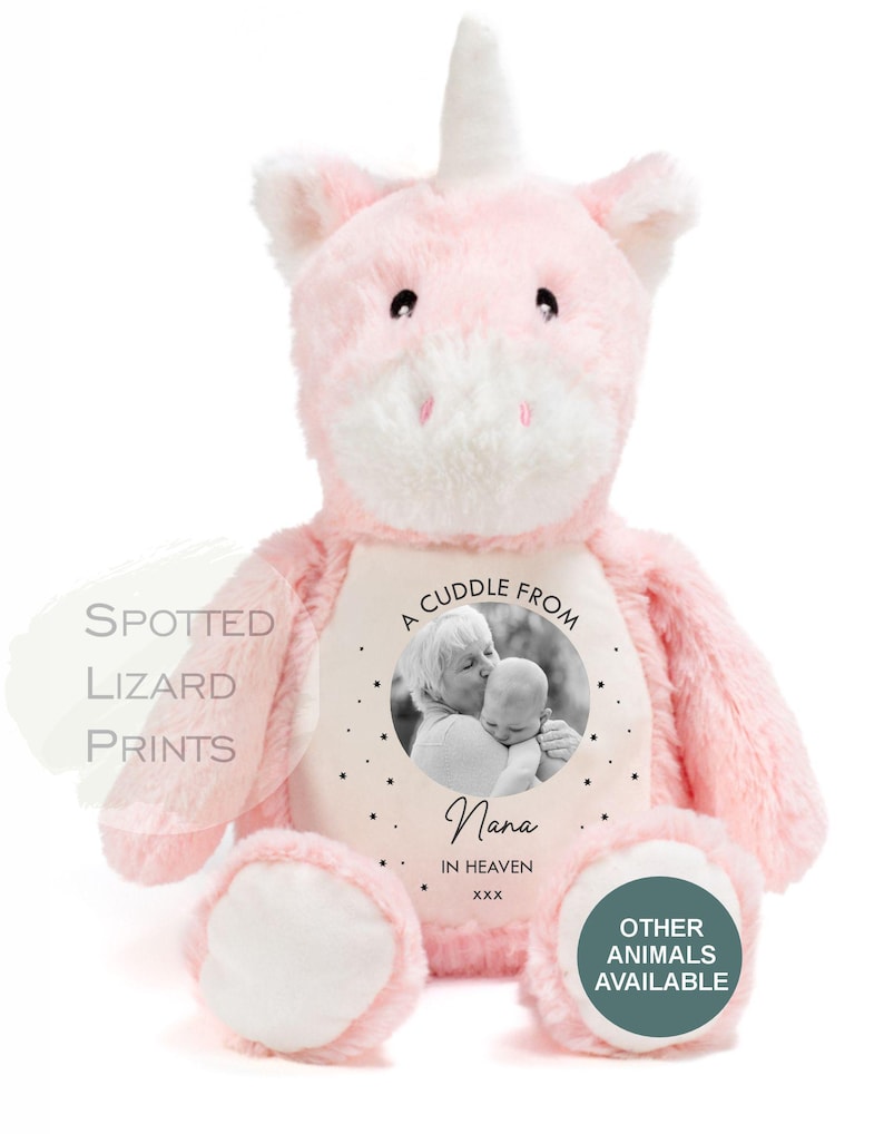 Memory Soft Toy - A Cuddle From Heaven - Memory Gift - Memorial Photo Gift Bereavement Loss of Loved One - Sympathy - Grandparent in Heaven Unicorn