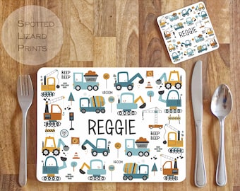 Personalised Diggers Placemat and Coaster Set, Kid&#39;s Dinner Set, Diggers gift, Children&#39;s Birthday Gift, Diggers Placemat