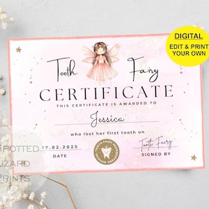 EDITABLE Tooth Fairy Certificate | First Tooth Lost | Kids Tooth Fairy | Lost Tooth Editable Template Printable Instant Download, Canva