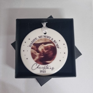 Ceramic bauble personalised with baby scan photo