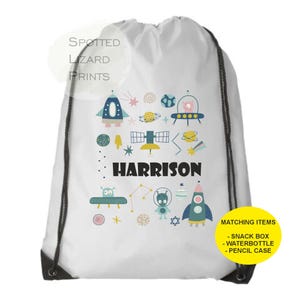 Personalised Space Drawstring Bag - Kids School Bag - Swimming Bag - Back to School - Drawstring Bag Kids - PE Bag - Planets Robots Universe