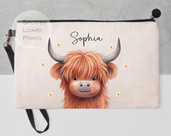 Personalised Highland Cow Pencil Case, Make up bag, Purse