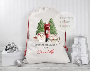 May include: A large white drawstring gift bag with red accents and a festive design. The bag features a red postbox, hedgehogs, and Christmas trees. Text reads "Special Delivery For Charlotte."